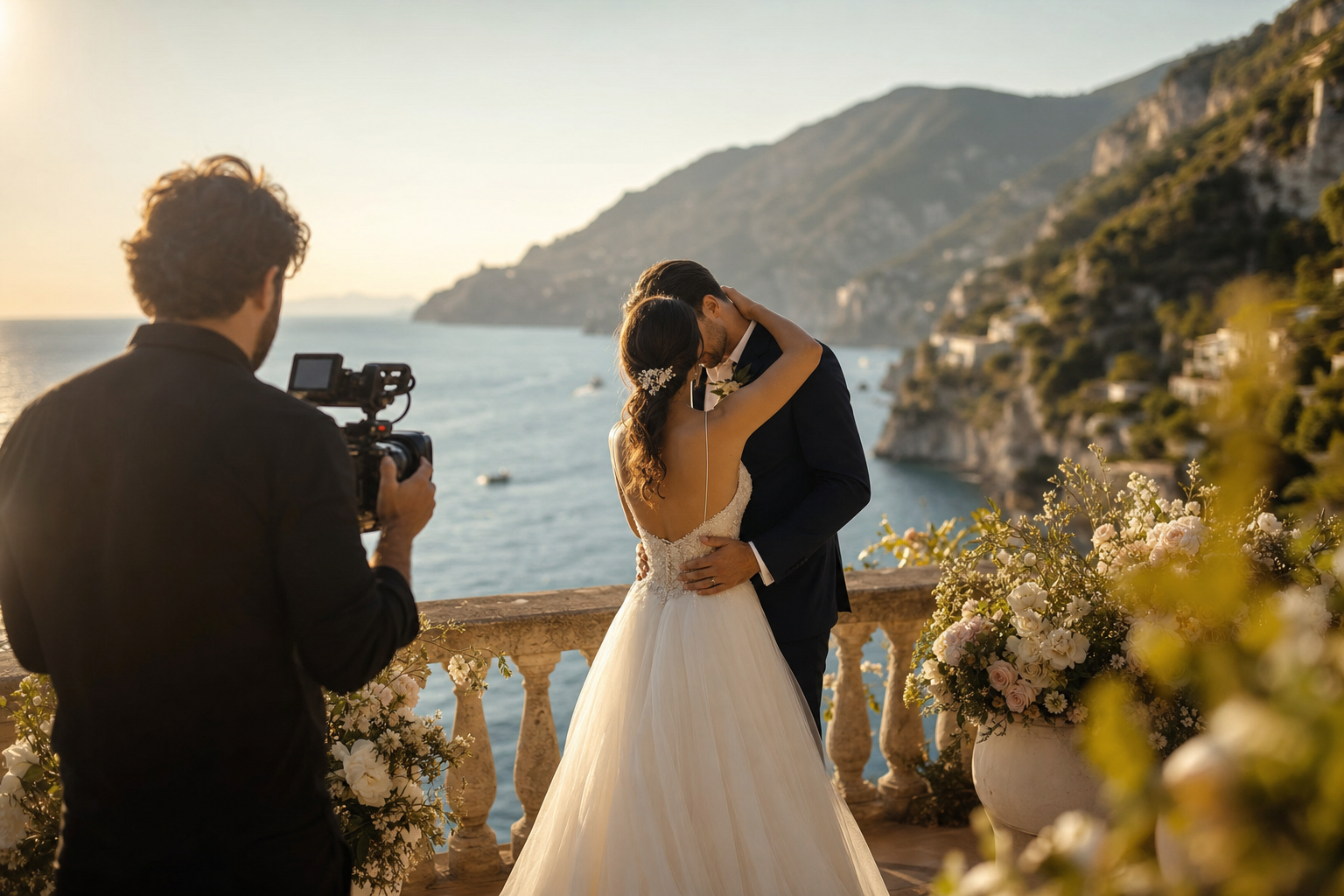 Videomaker riprende gli sposi durante il matrimonio sul mare a Imperia